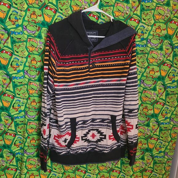 American Eagle Outfitters Mens Hoodie Sweatshirt Navy Gray Aztec Pocket Button L - Picture 1 of 6